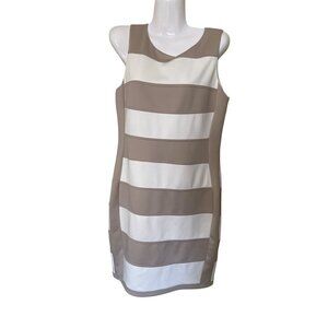 Calvin Klein Womens Sleeveless Striped Sheath Dress Size 10 Beige & White